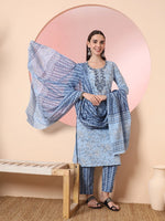 Thumbnail for Yufta Blue Pure Cotton Embroidered Kurta Set With Pant & Dupatta