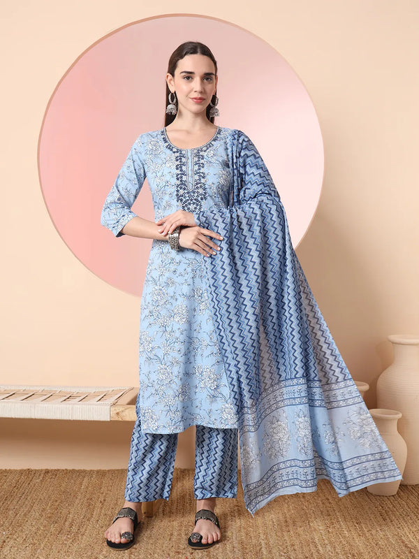 Yufta Blue Pure Cotton Embroidered Kurta Set With Pant & Dupatta