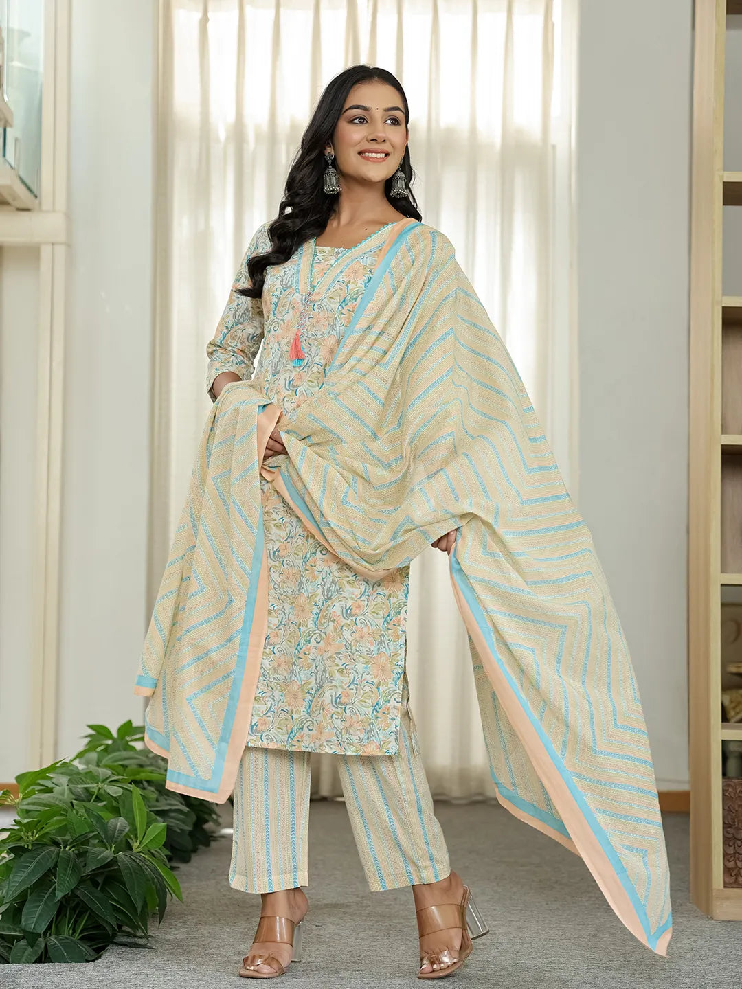 Yufta Blue Pure Cotton Floral Print Kurta Dupatta Pant Set - Distacart