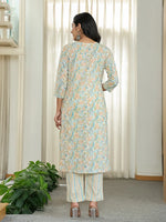 Thumbnail for Yufta Blue Pure Cotton Floral Print Kurta Dupatta Pant Set