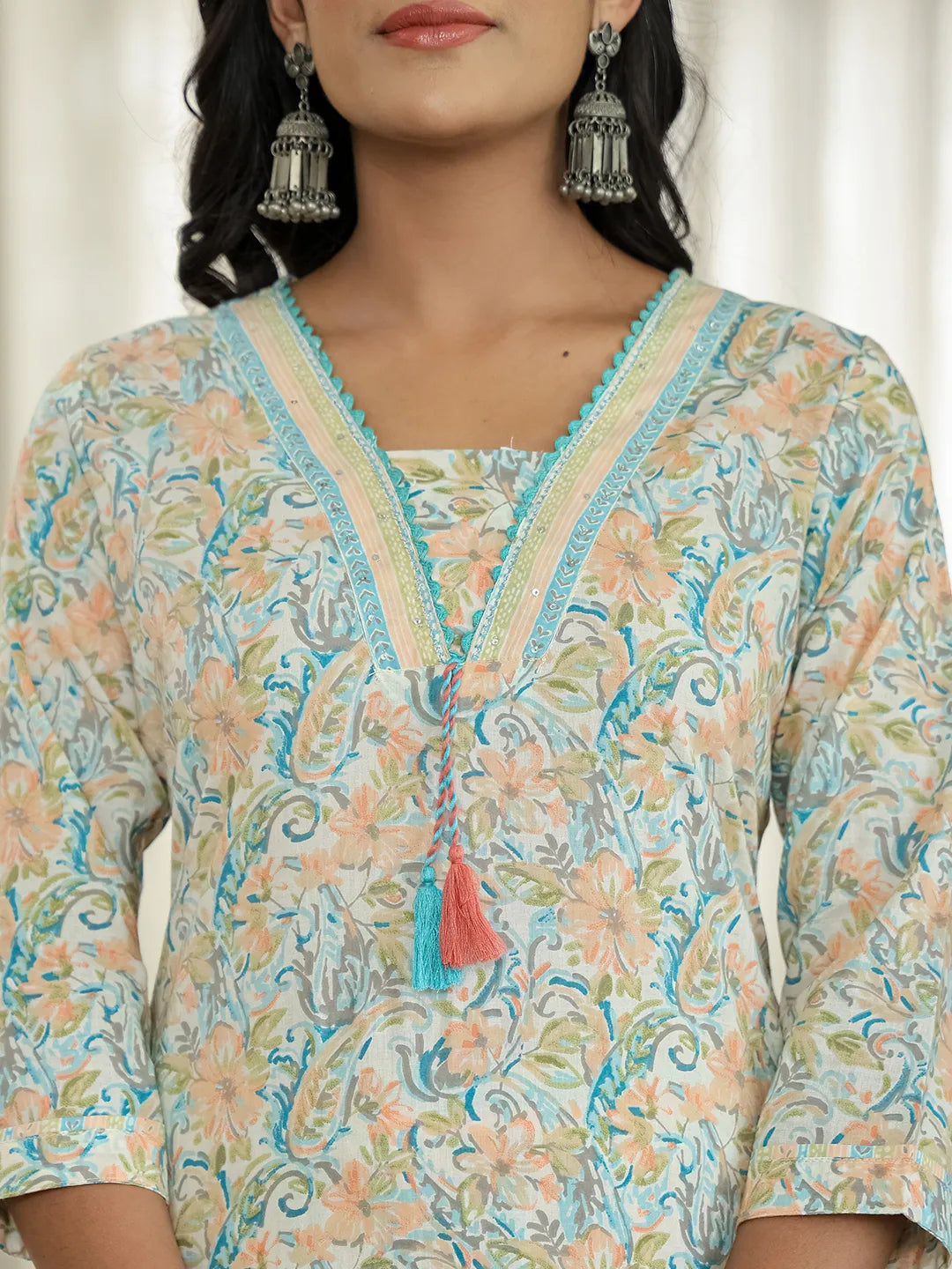 Yufta Blue Pure Cotton Floral Print Kurta Dupatta Pant Set