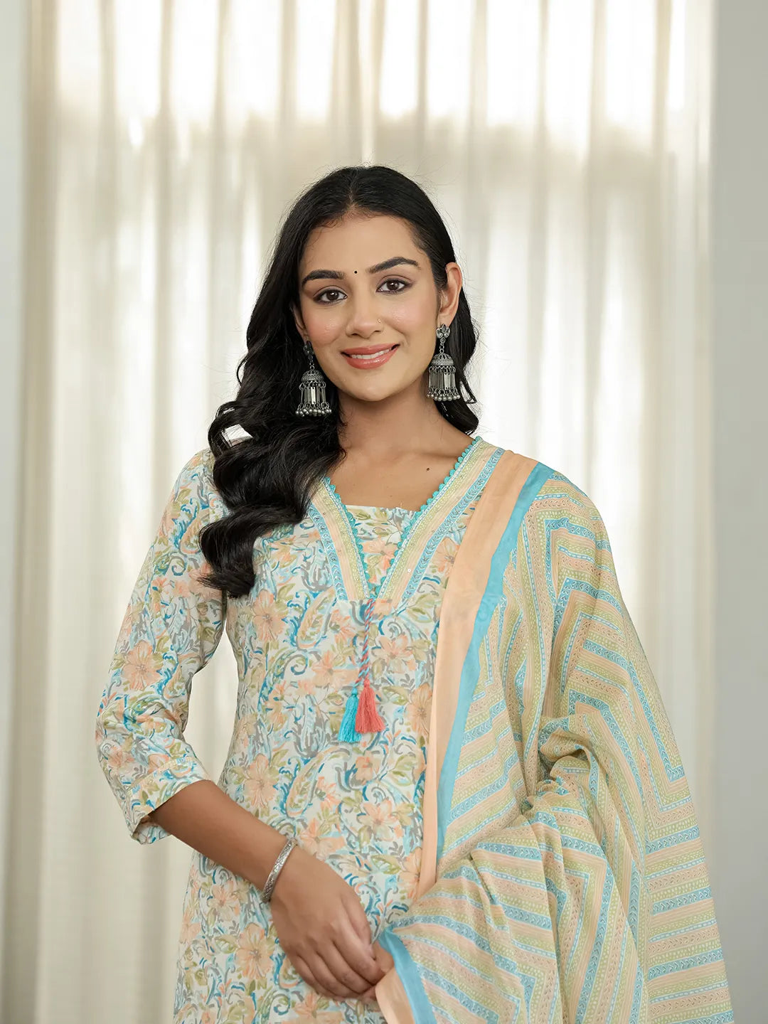 Yufta Blue Pure Cotton Floral Print Kurta Dupatta Pant Set