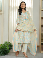 Thumbnail for Yufta Blue Pure Cotton Floral Print Kurta Dupatta Pant Set
