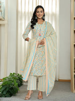 Thumbnail for Yufta Blue Pure Cotton Floral Print Kurta Dupatta Pant Set