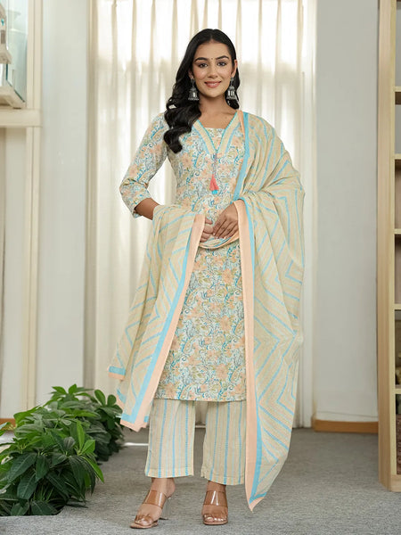 Yufta Blue Pure Cotton Floral Print Kurta Dupatta Pant Set