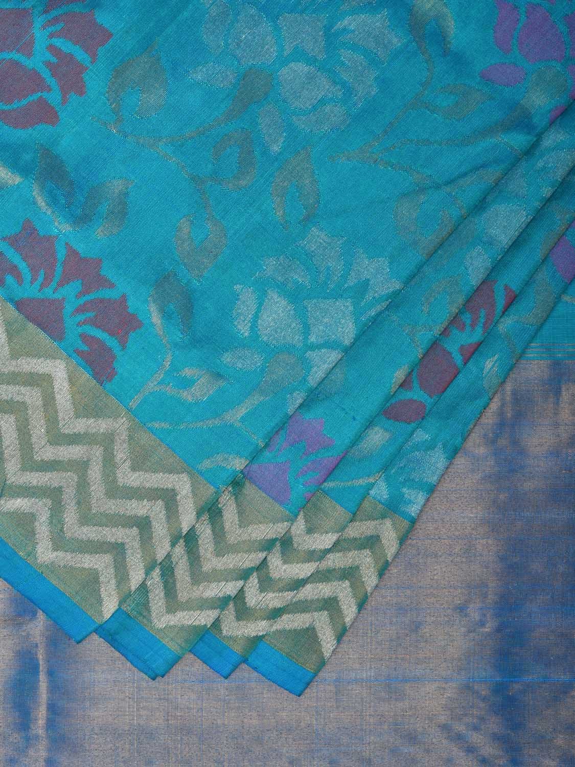 Blue Uppada Silk Handloom Saree with All Over Floral Design - Global Threads - Distacart