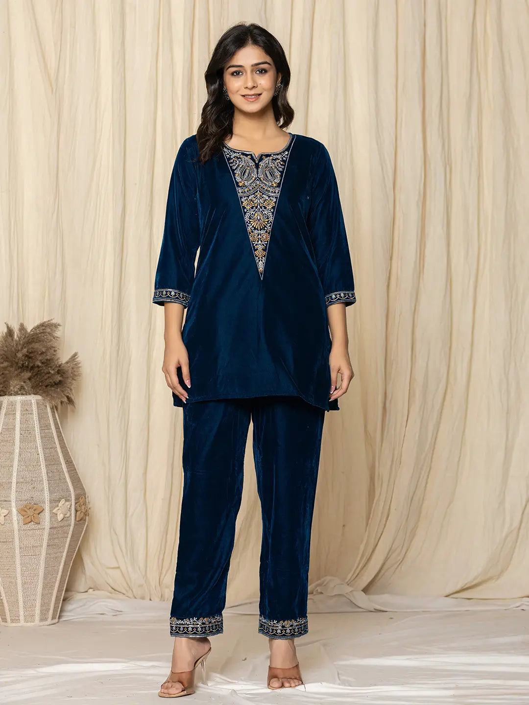 Yufta Blue Velvet Embroidered Co-Ord Set - Distacart