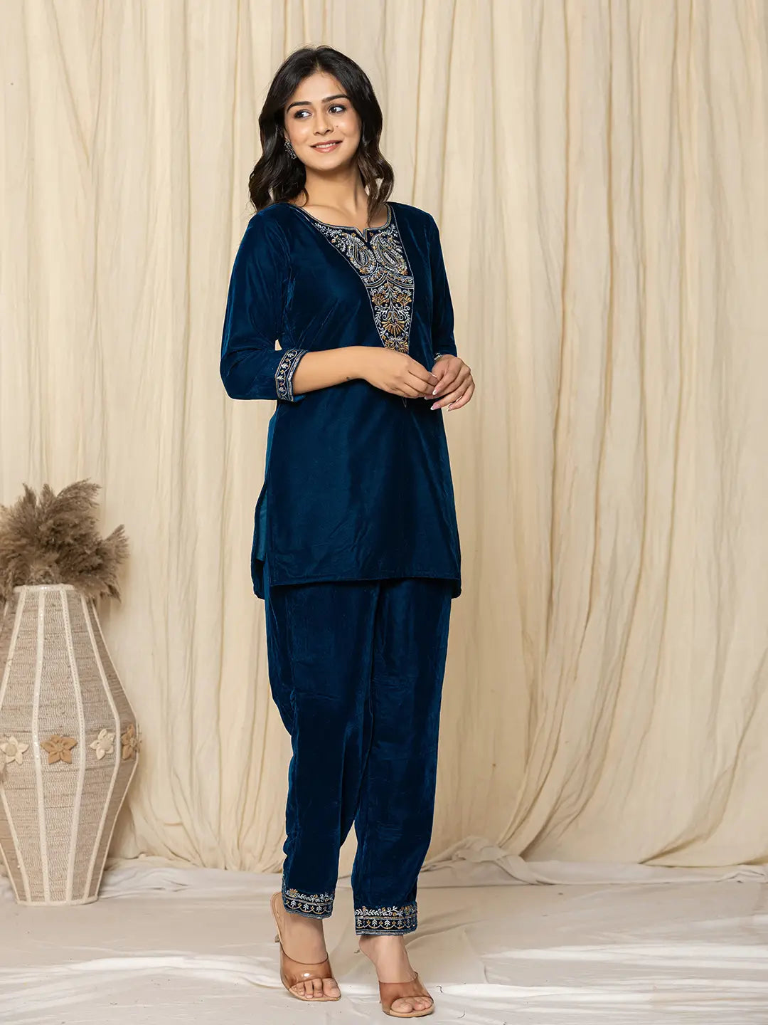Yufta Blue Velvet Embroidered Co-Ord Set - Distacart