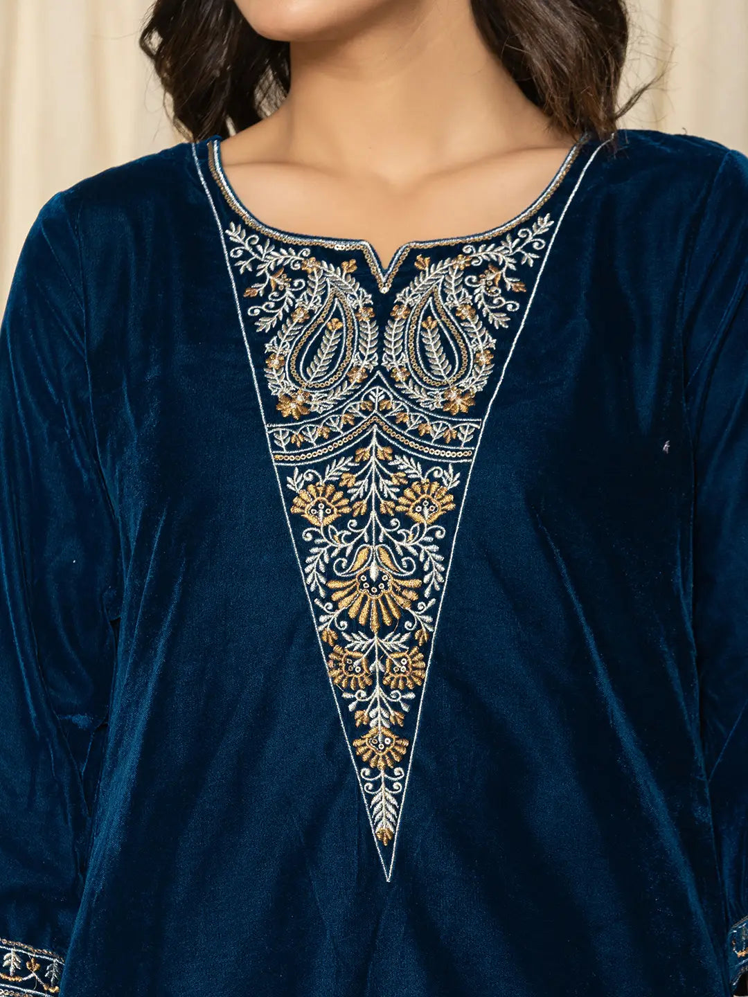Yufta Blue Velvet Embroidered Co-Ord Set - Distacart