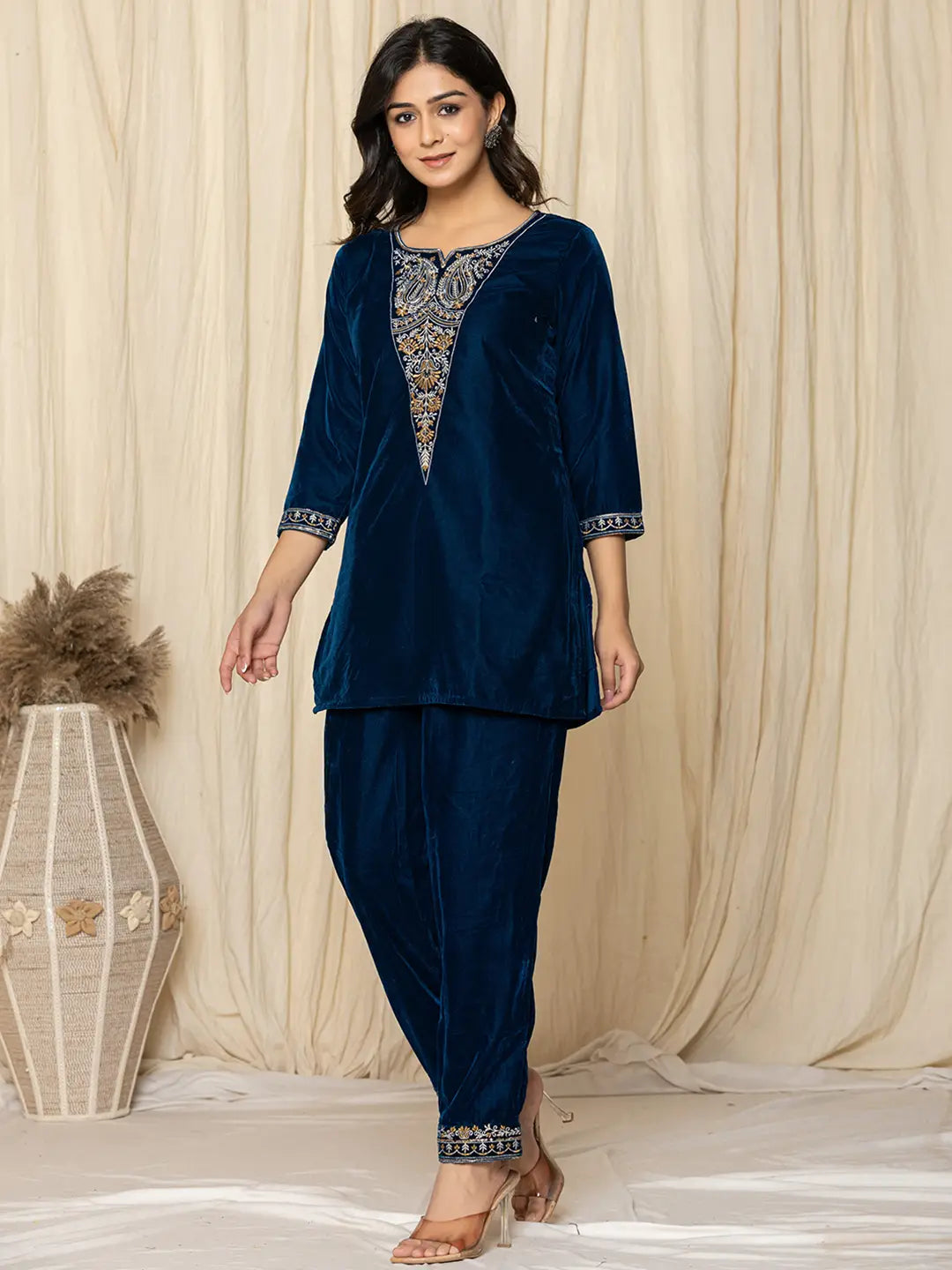 Yufta Blue Velvet Embroidered Co-Ord Set