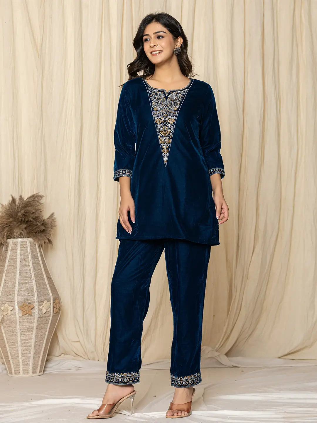 Yufta Blue Velvet Embroidered Co-Ord Set - Distacart
