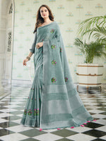 Thumbnail for Anaita Blue Linen Embroidery Saree With Blouse - Dista