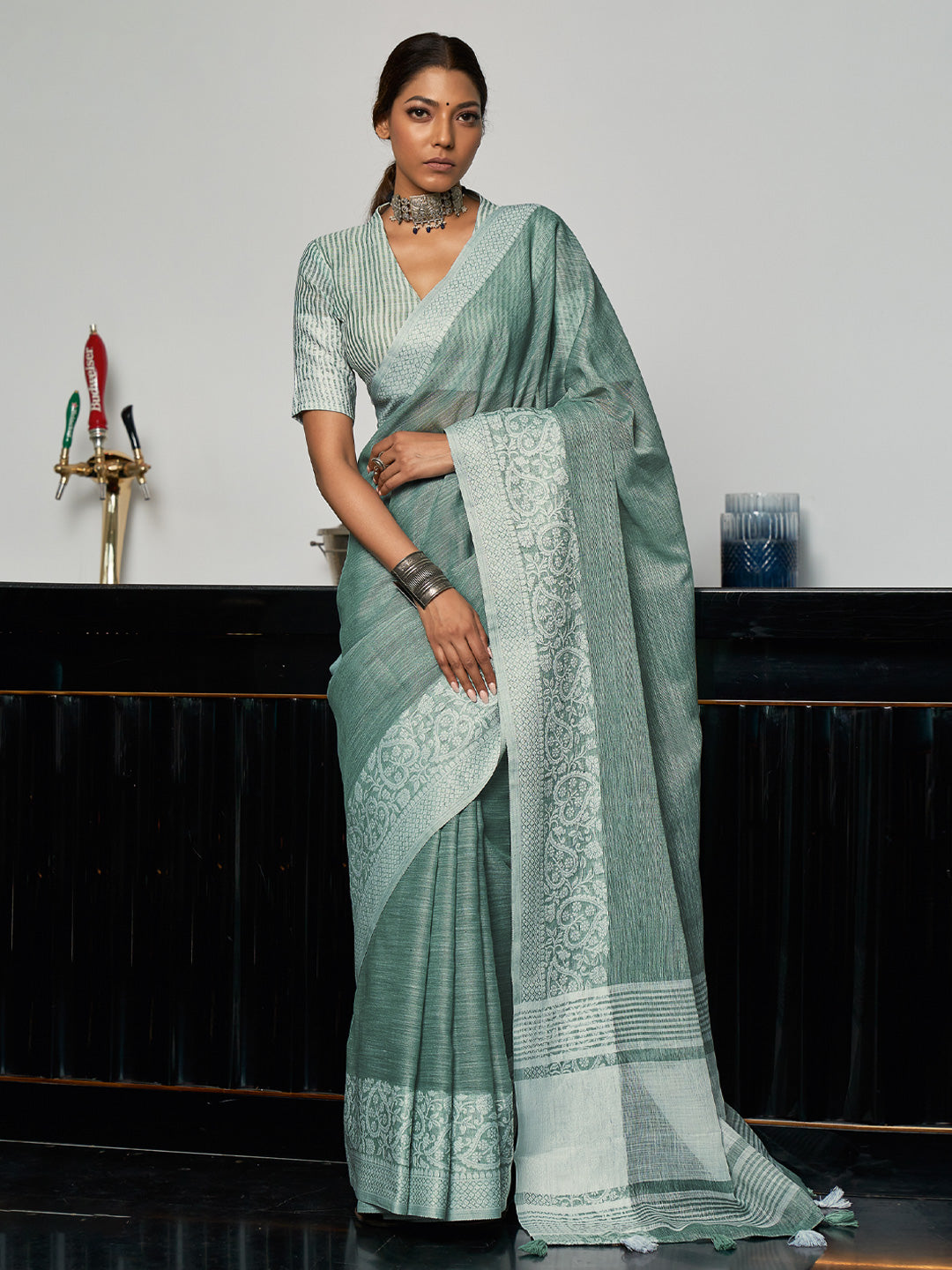 Anaita Blue Linen Zari Work Saree With Blouse - Dista