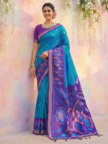 Anaita Blue Soft Silk Printed Saree With Blouse - Dista
