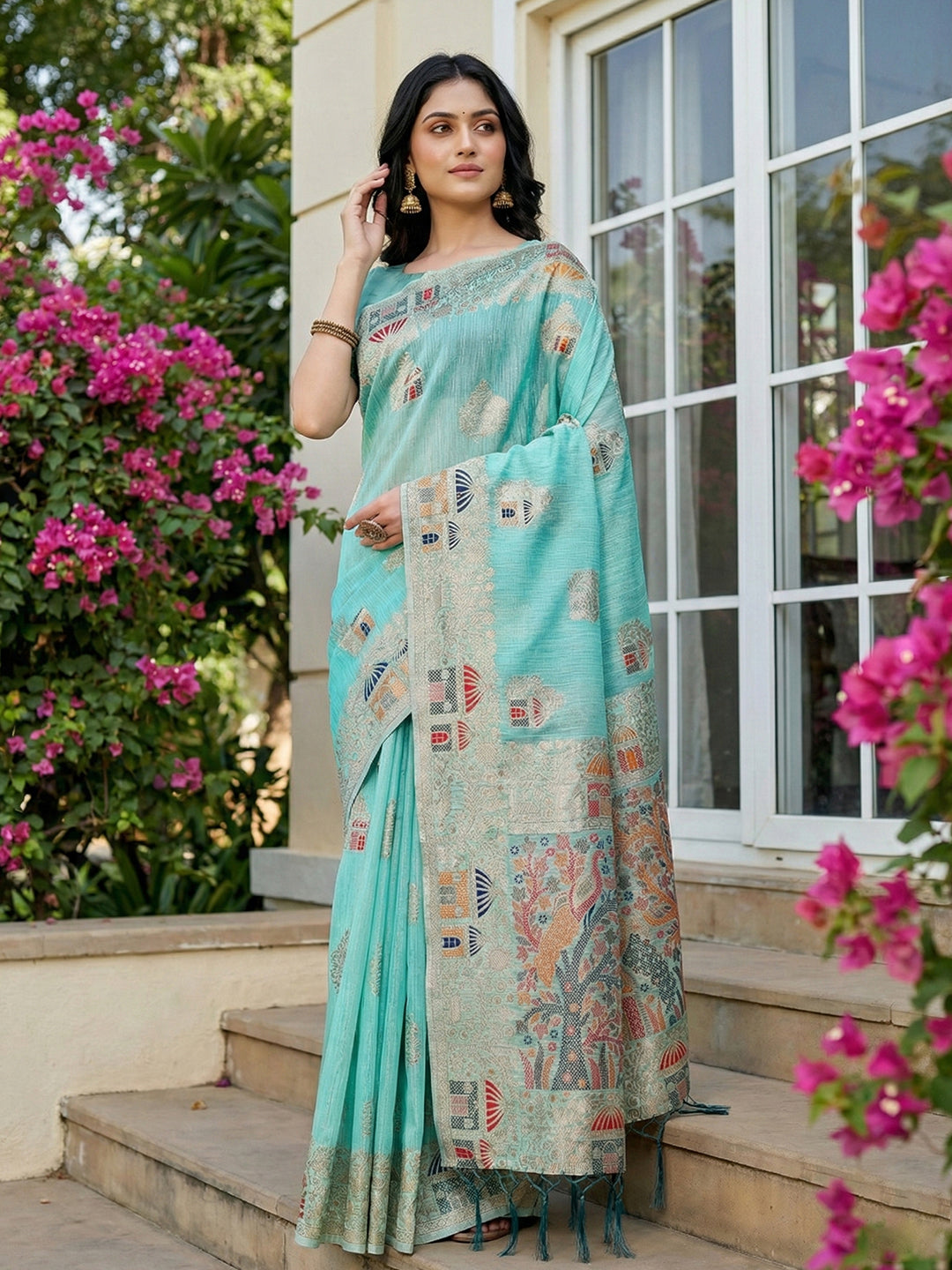 Anaita Blue Linen Cotton Woven Saree With Blouse - Dista