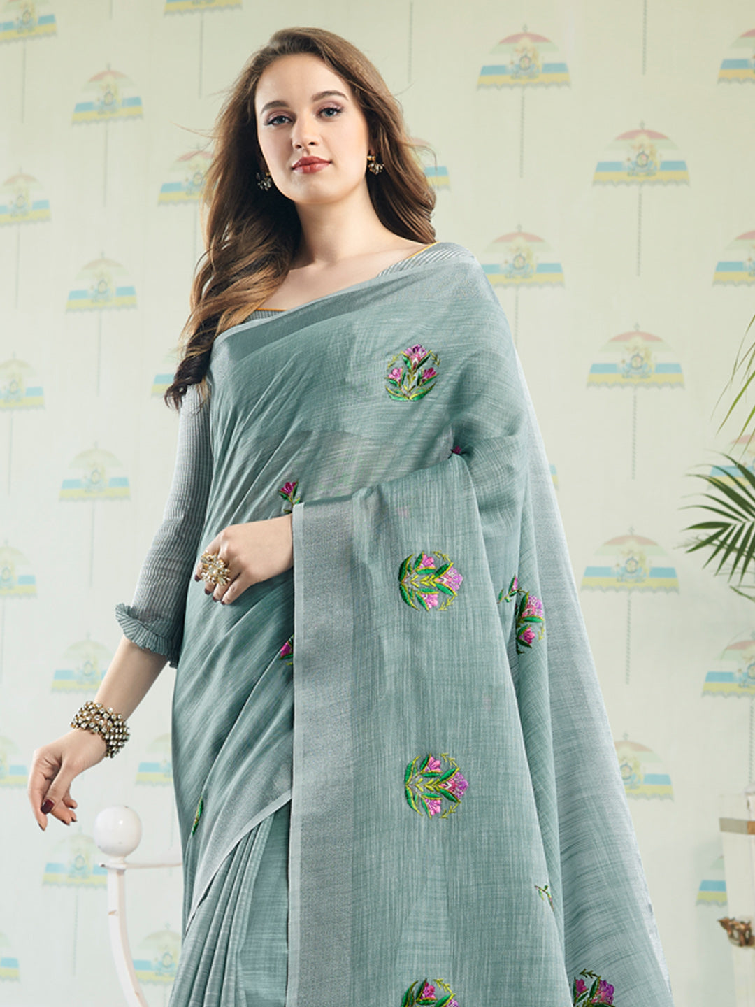 Anaita Blue Linen Embroidery Saree With Blouse - Dista