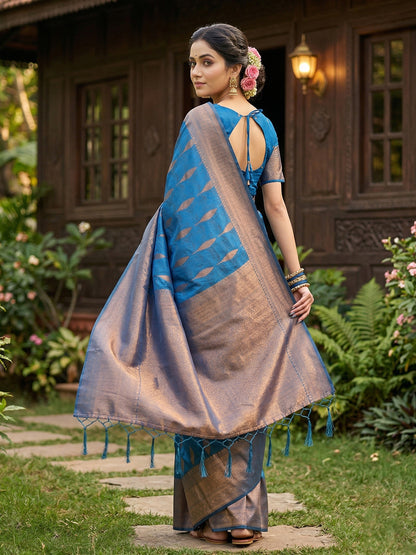 Anaita Blue Silk Blend Woven Saree With Blouse - Dista