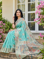 Thumbnail for Anaita Blue Linen Cotton Woven Saree With Blouse