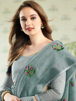 Thumbnail for Anaita Blue Linen Embroidery Saree With Blouse - Dista