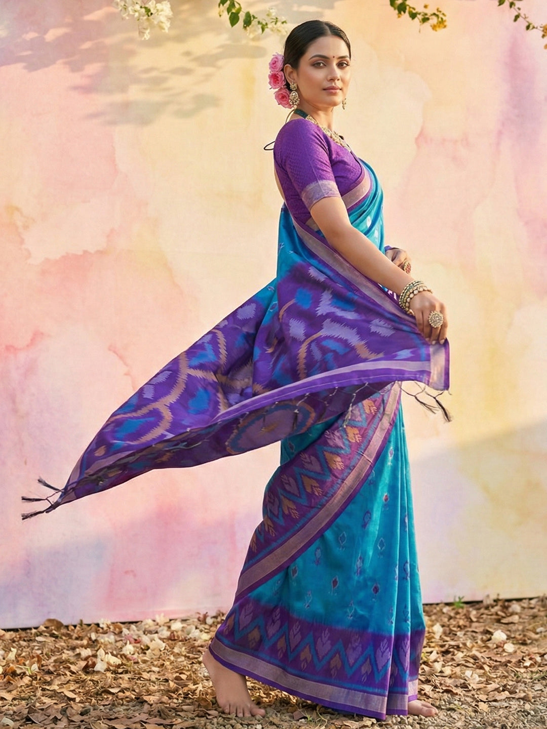 Anaita Blue Soft Silk Printed Saree With Blouse - Dista