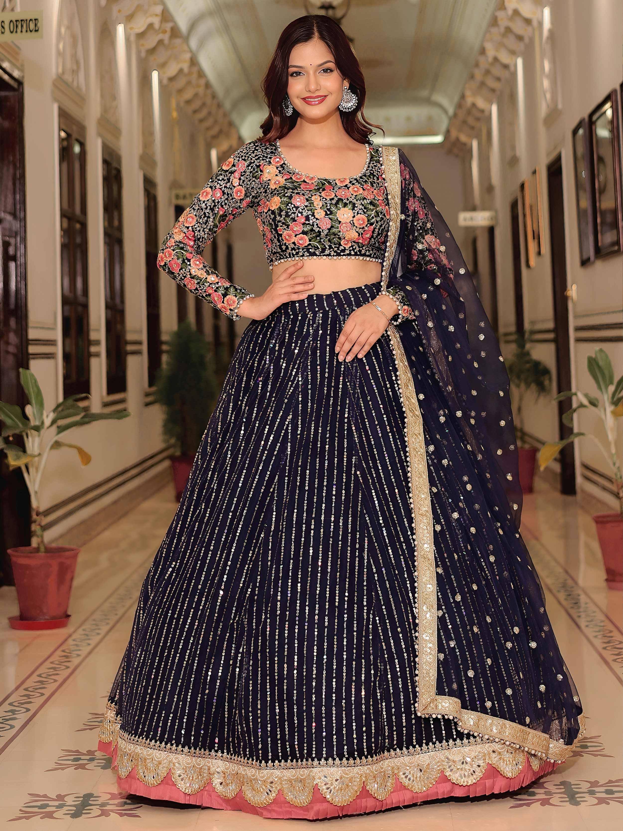 Tulsi Art Gleaming Blue Net Sequins Work Party Wear Lehenga Choli With Dupatta - Dista