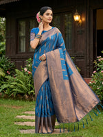Thumbnail for Anaita Blue Silk Blend Woven Saree With Blouse - Dista
