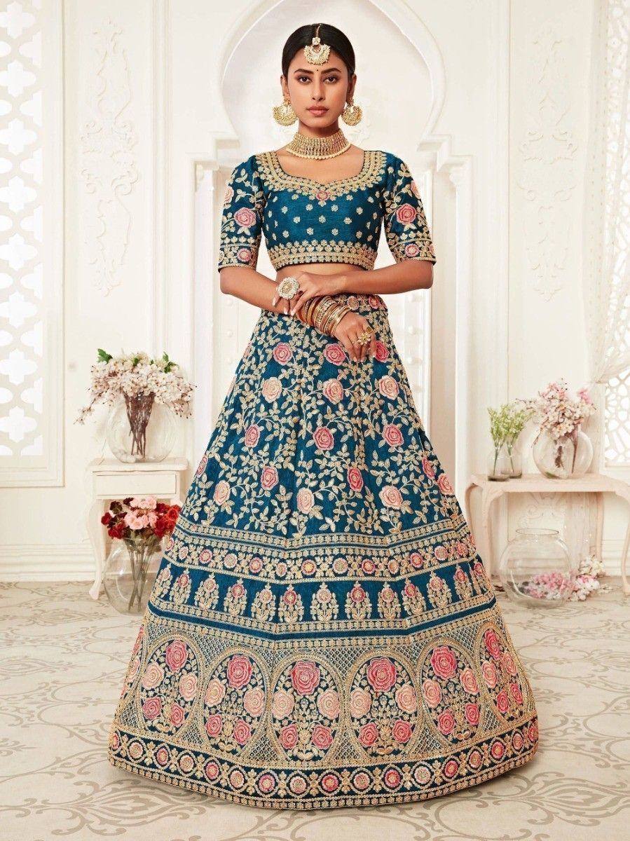 Tulsi Art Blue Rose Embroidered Silk Bridal Lehenga Choli
