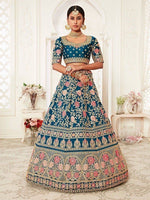 Thumbnail for Tulsi Art Blue Rose Embroidered Silk Bridal Lehenga Choli