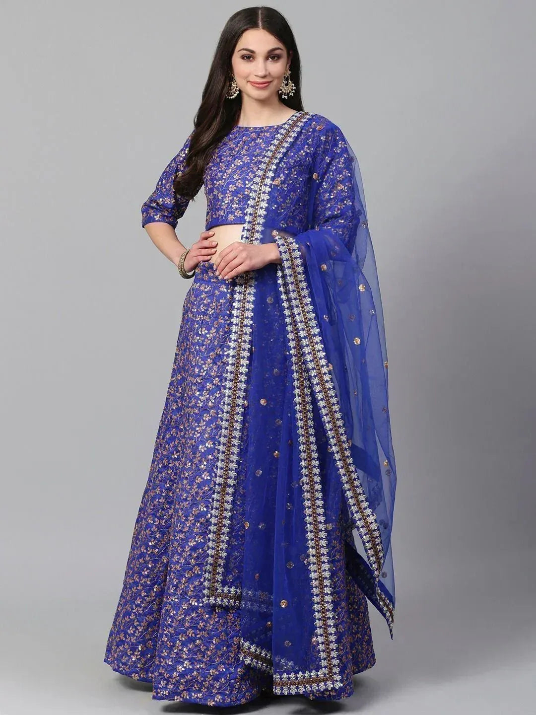 Tulsi Art Blue & Golden Semi-Stitched Myntra Party Wear Lehenga & Unstitched Blouse With Dupatta - Dista