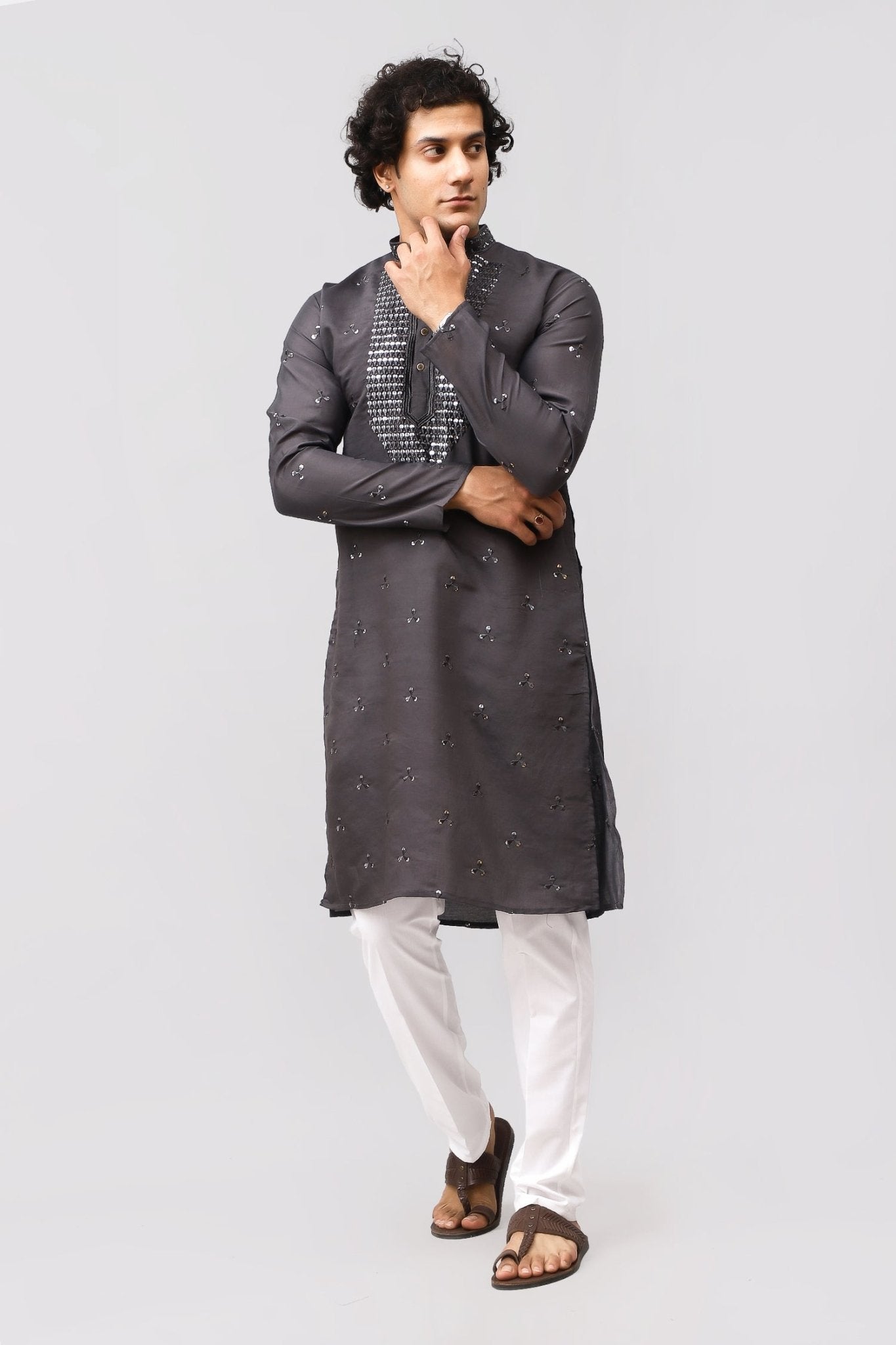 Bluesaanchi Men's Dark Grey Kurta Set with Embroidery Motif - Distacart