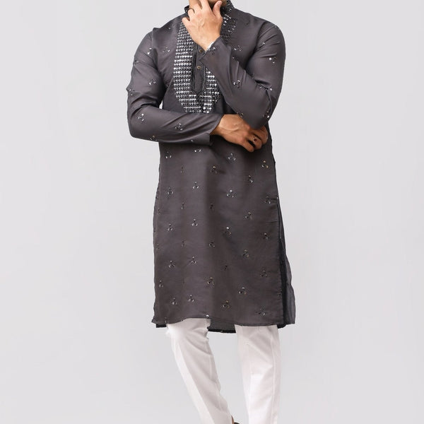 Bluesaanchi Men's Dark Grey Kurta Set with Embroidery Motif - Distacart