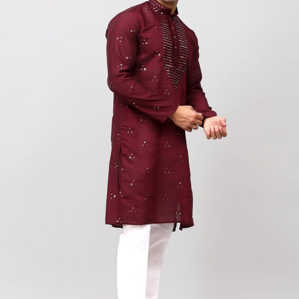 Bluesaanchi Men's Maroon Kurta Set with Embroidery Motif - Distacart