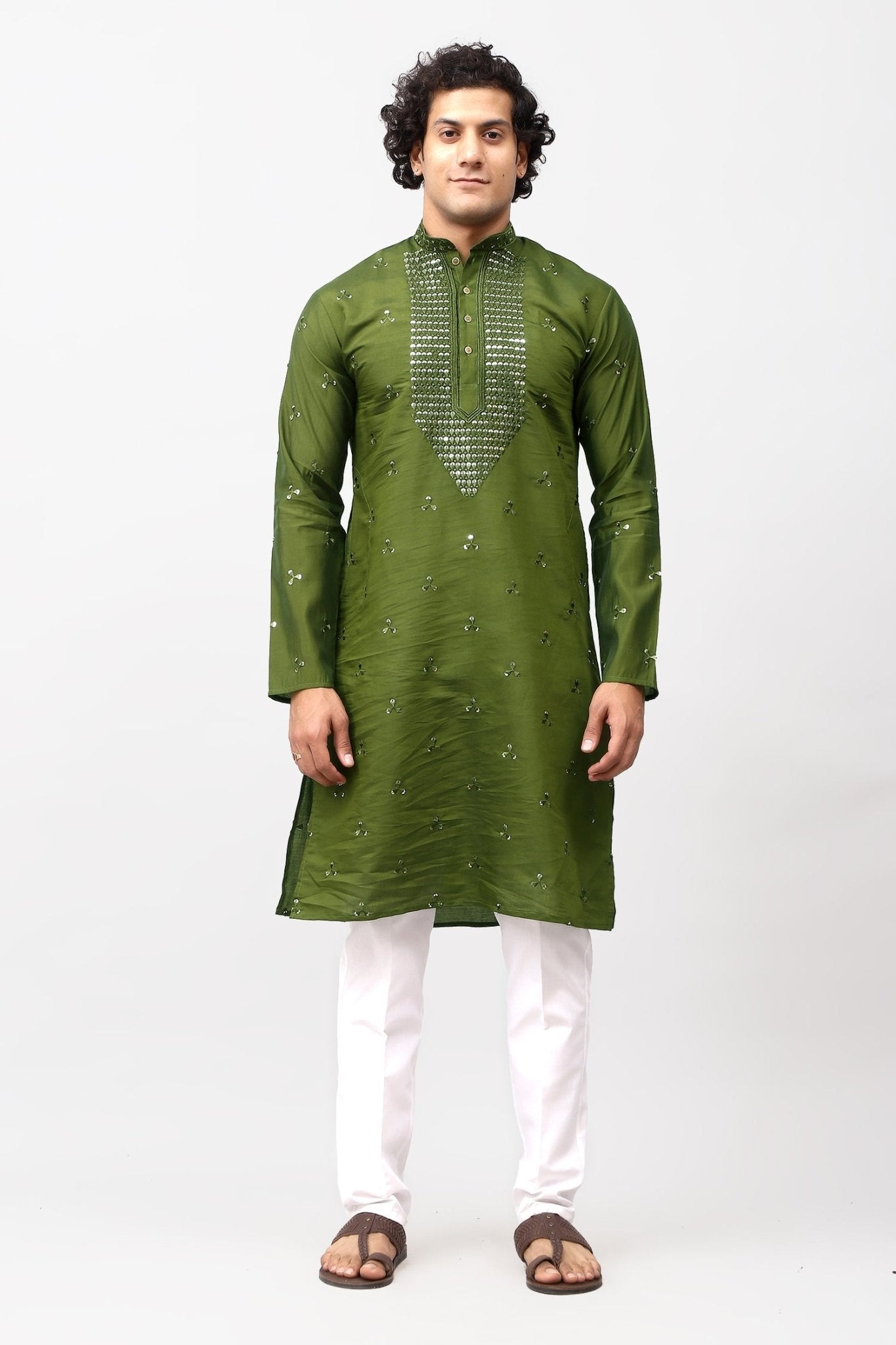 Bluesaanchi Men's Mehandi Green Kurta Set with Embroidery Motif - Distacart
