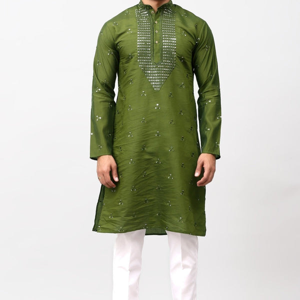 Bluesaanchi Men's Mehandi Green Kurta Set with Embroidery Motif - Distacart