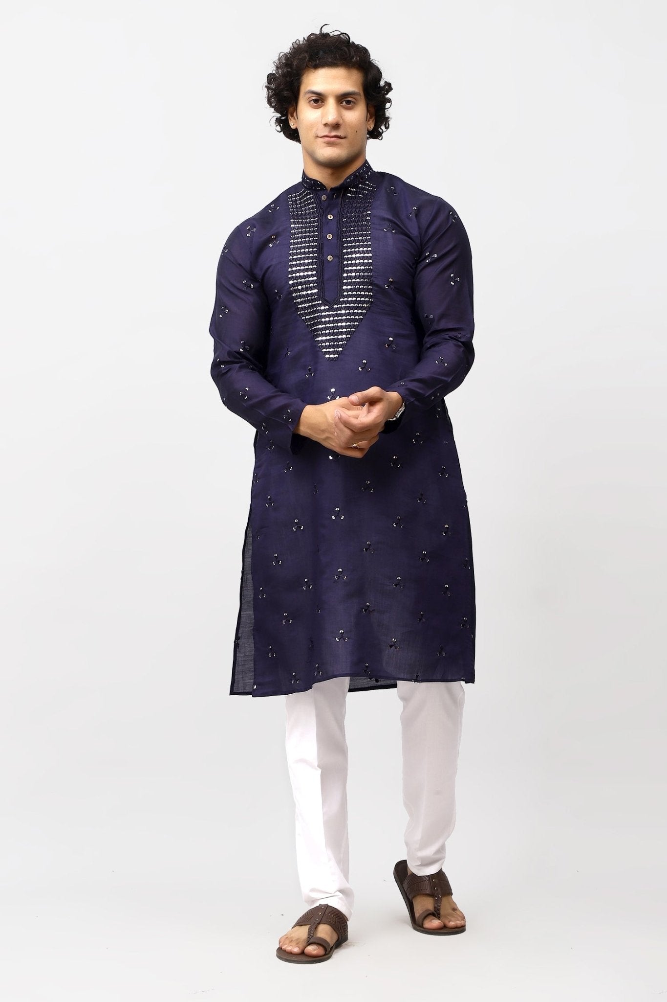 Bluesaanchi Men's Navy Blue Kurta Set with Embroidery Motif - Distacart