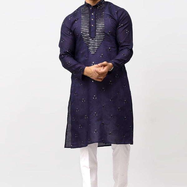 Bluesaanchi Men's Navy Blue Kurta Set with Embroidery Motif - Distacart