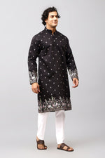 Thumbnail for Bluesaanchi Phulkari Floral and Sequins Embroidered Kurta Set for Men Black Color