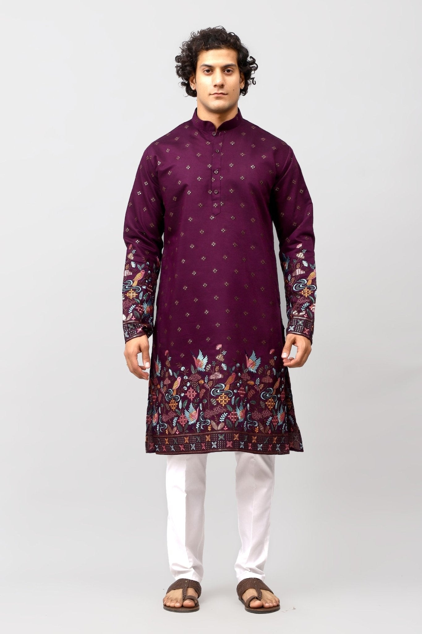 Bluesaanchi Phulkari Floral and Sequins Embroidered Kurta Set for Men Purple Color - Distacart