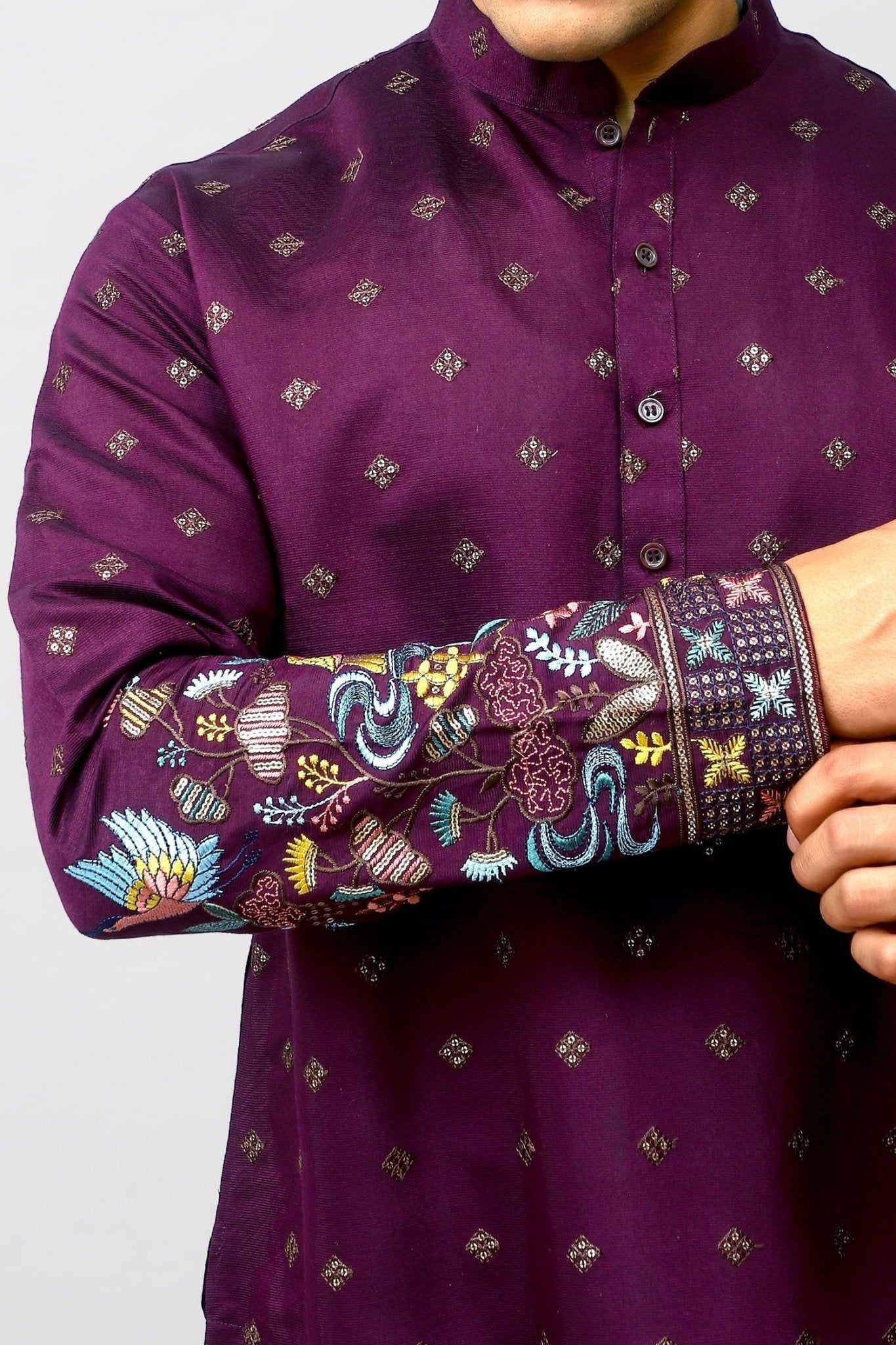 Bluesaanchi Phulkari Floral and Sequins Embroidered Kurta Set for Men Purple Color - Distacart