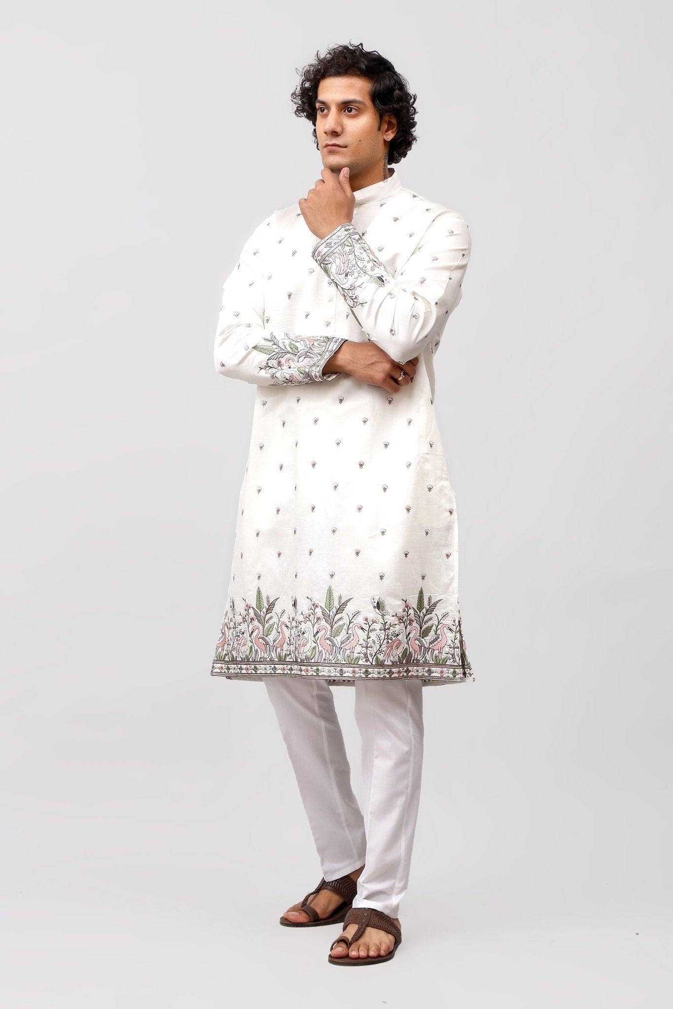 Bluesaanchi Phulkari Floral and Sequins Embroidered Kurta Set for Men White - Distacart