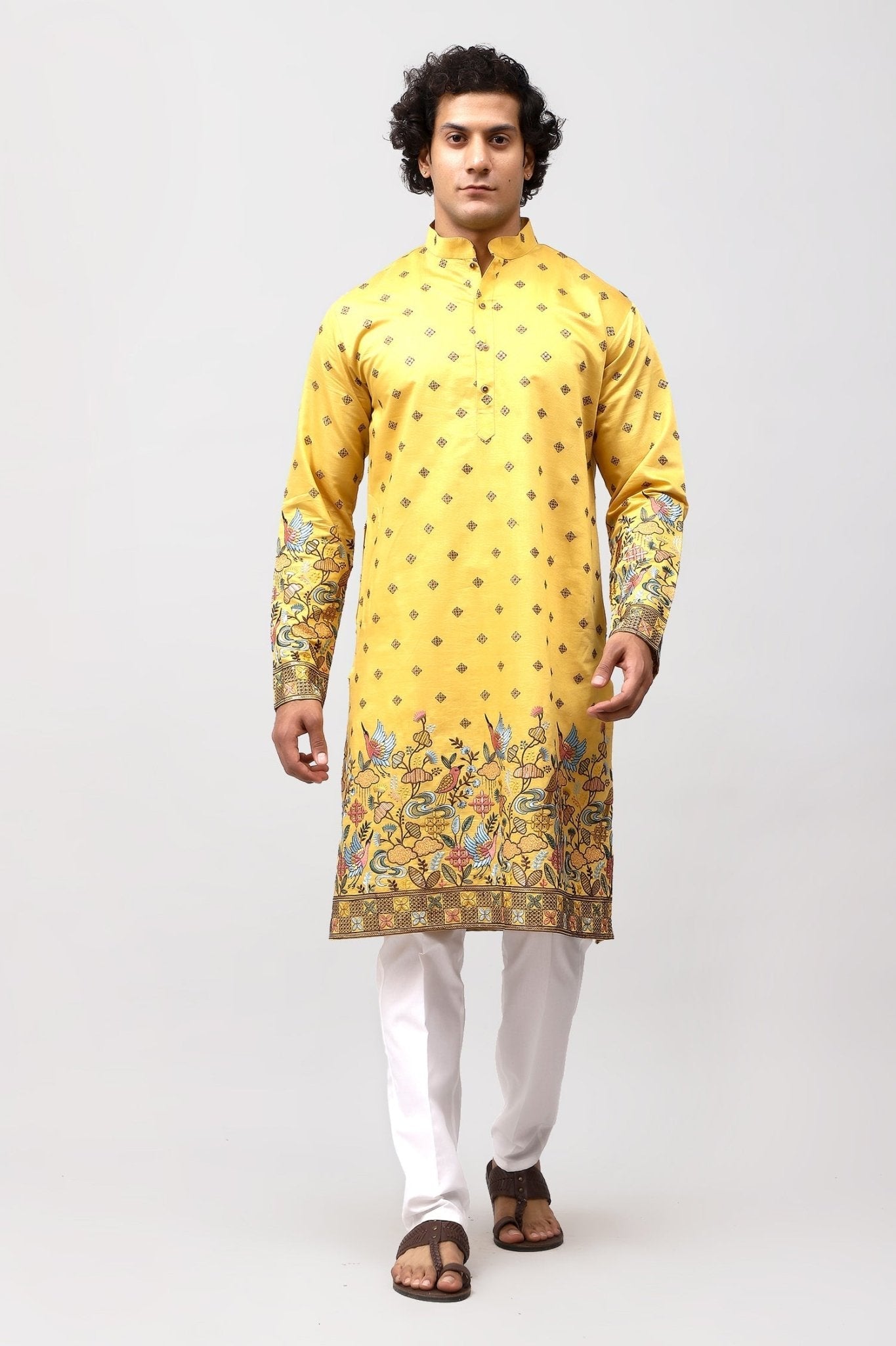 Bluesaanchi Phulkari Floral and Sequins Embroidered Kurta Set for Men Yellow - Distacart