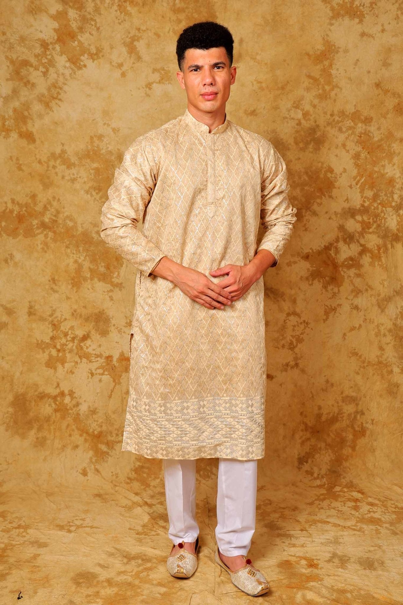 Bluesaanchi Zari Work Beige Kurta with Trouser Pajama - Distacart
