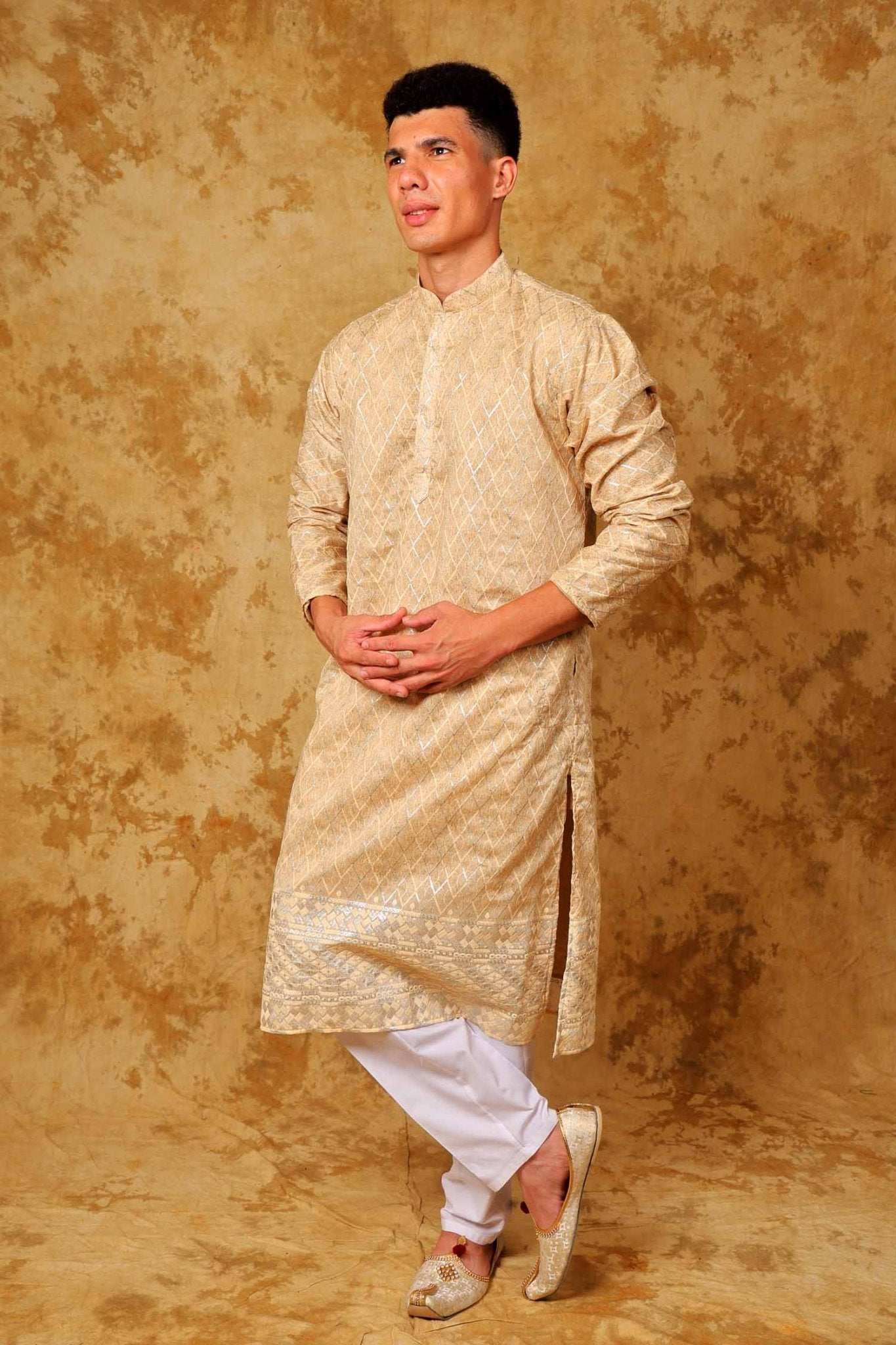 Bluesaanchi Zari Work Beige Kurta with Trouser Pajama - Distacart