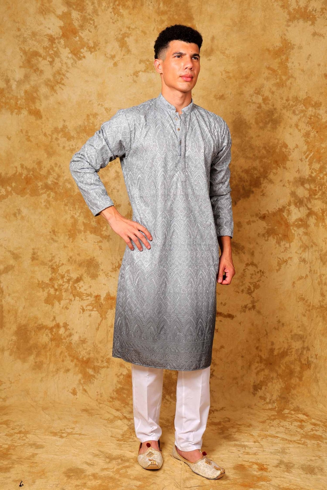 Bluesaanchi Zari Work Grey Kurta with Trouser Pajama - Distacart