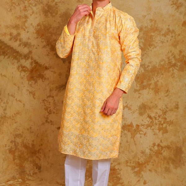 Bluesaanchi Zari Work Yellow Kurta with Trouser Pajama - Distacart