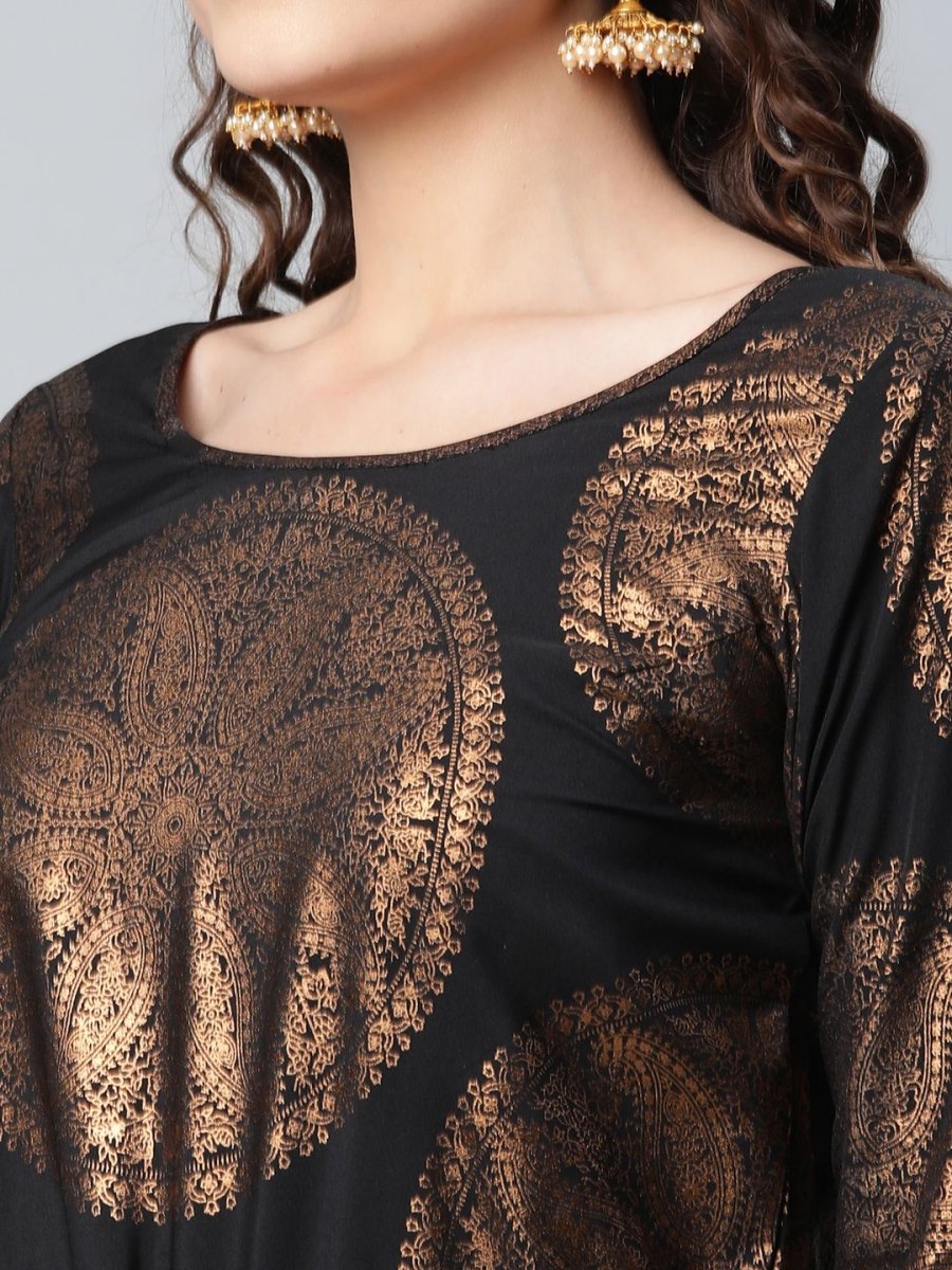 Ahalyaa Womens Black Crepe Copper Foil Printed Jumpsuit