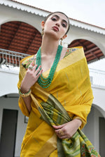Thumbnail for Vishnu Weaves Women's Yellow Raw Silk Patola Zari Woven Saree with Blouse