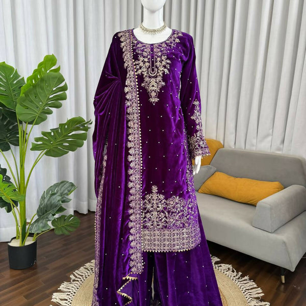 Vastranavya Purple Viscose Velvet Cording Sequence With Moti Work Top-Bottom With Dupatta
