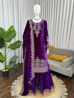 Thumbnail for Vastranavya Purple Viscose Velvet Cording Sequence With Moti Work Top-Bottom With Dupatta