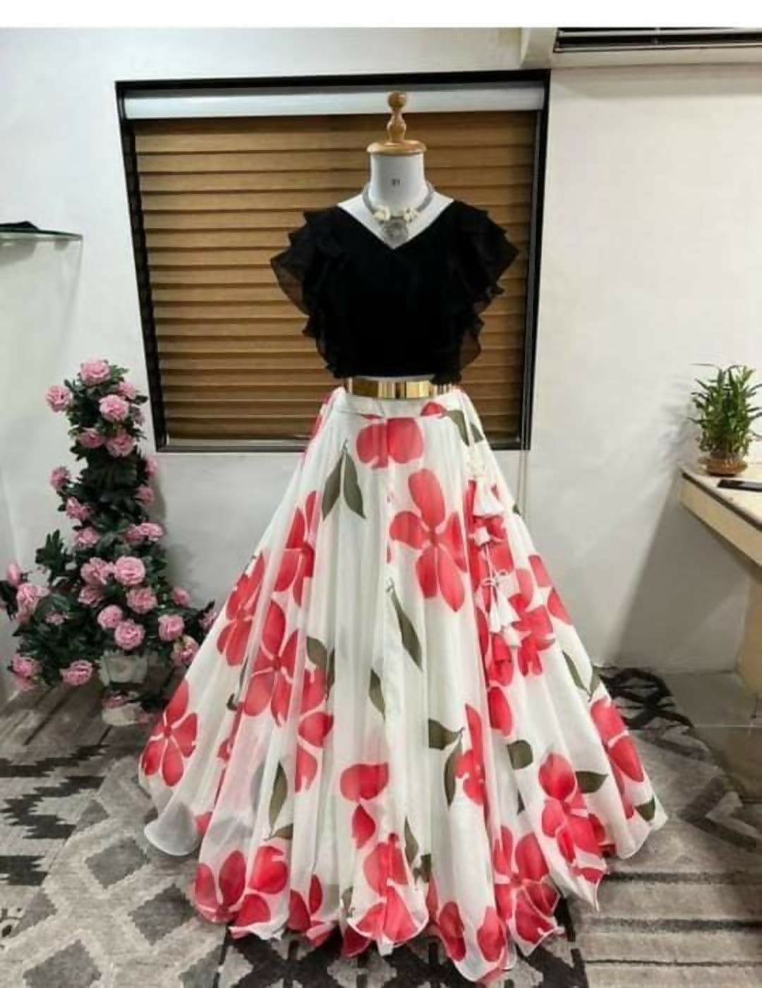 Dishitha Creation Floral Printed Stitched Lehenga & Crop Top - Black & White - Distacart